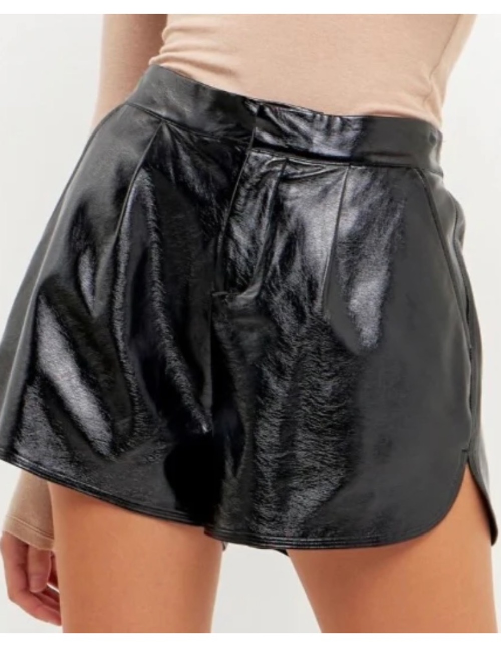 Grey Lab Shiny Black Pleated Shorts Large Faux Leather High Rise small